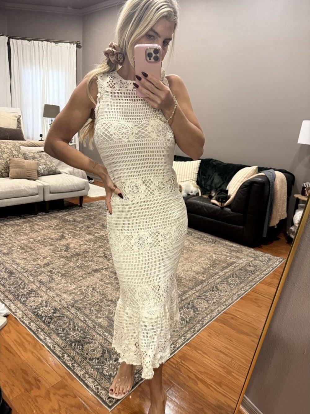 Lucy Paris Cream Crochet Midi Dress